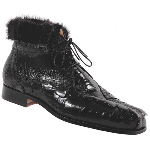 Mauri "Cinema" 4451 Black Genuine Hornback Crocodile Tail / Ostrich Leg With Black Mink Fur Lining  Boots
