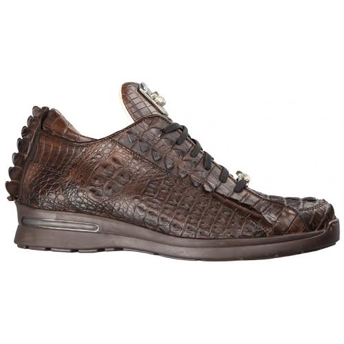 Fennix Italy 3340 Chocolate All-Over Genuine Baby Hornback Crocodile Sneakers With Alligator Head.