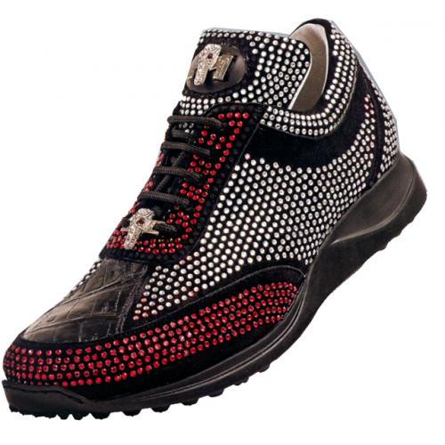 Mauri 8799 Black With Ruby Red / Silver Rhinestones Genuine Alligator Sneakers With Silver Mauri Alligator Head
