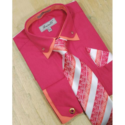 Fratello Fuchsia/Salmon Double Collar With Rhinestones And French Cuffs Shirt/Tie/Hanky Set With Free Cufflinks FRV4111P2