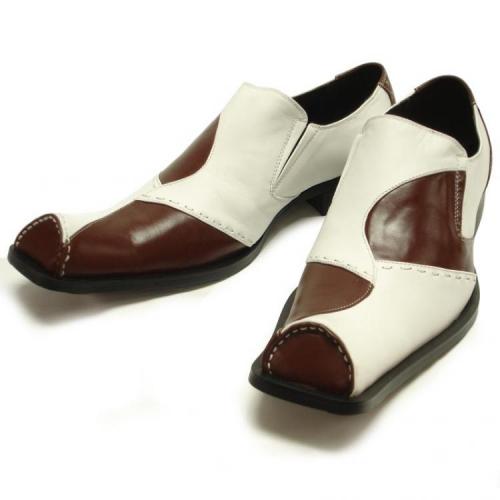 Fiesso Brown / White Half Circle Toe Leather Loafer Shoes FI6381