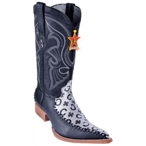 Los Altos Silver Black Fashion Design / Deer Skin 3X Toe Cowboy Boots 955391