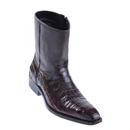 Los Altos Brown All-Over Genuine Crocodile Belly Square Toe Dressy Boots With Zipper 68B8207