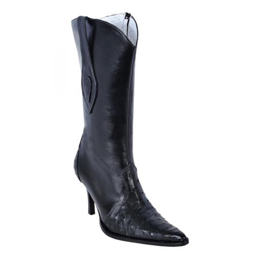 Los Altos Ladies Black Genuine Ostrich High Top  Boots With Zipper 370305