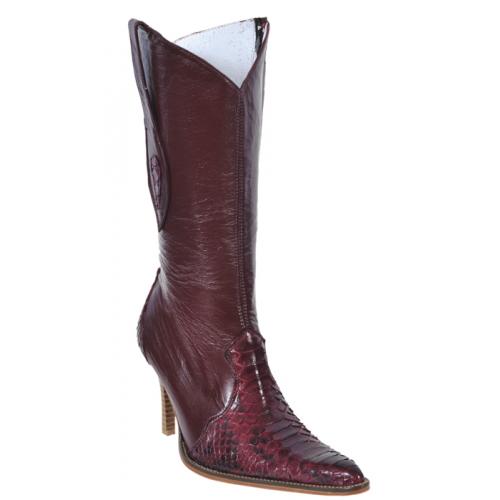 Los Altos Ladies Burgundy Genuine Python Snake Skin High Top Boots With Zipper 375706