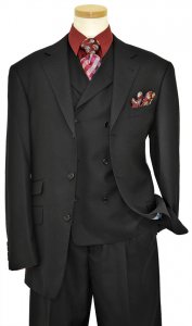 Extrema Black Self Check 140's Wool Vested Suit GE00031