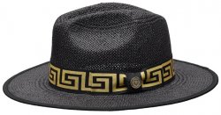 Bruno Capelo Black / Gold Greek Key Banded Flat Brim Straw Fedora Hat VA-406
