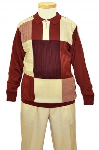 Steve Harvey Burgundy / Cream / Wine Long Sleeve 2 PC Knitted Silk Blend Zip-Up Outfit Set 6302