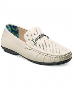 Stacy Adams "Pomp" White Microsuede Mesh With White Stitching / Gunmetal Bracelet Moc Toe Genuine Leather Lined Loafer Shoes 25039-100