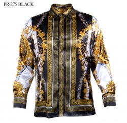 Prestige Black / Gold / White Crystal Studded Medusa Design Satin Shirt PR-275