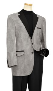 Apollo King Heather Grey Herringbone / Baby Blue Pinstripes With Black Contrast Lapel / Trimming Super 160's Wool Blazer Jacket E4-A04