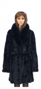 Winter Fur Ladies Navy Genuine Mink Paws 3/4 Coat With Belt And Fox Collar W069Q06NV.