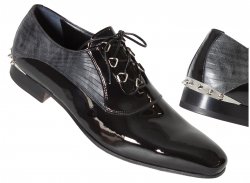Mauri "4734" Black / Black-Grey Genuine Patent Leather / Fabric Shoes With Metal Spike At Back