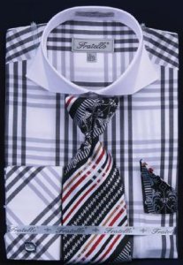 Fratello White / Black Checker Pattern Two Tone Shirt / Tie / Hanky Set With Free Cufflinks FRV4118P2