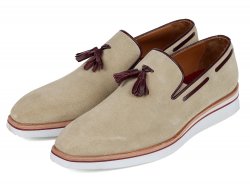Paul Parkman "181-BEI-SD" Beige Genuine Suede Tassel Loafers Shoes.