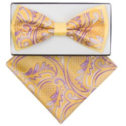 Classico Italiano Honey Mustard / Purple Paisley Design Double Layer 100% Silk Bow Tie / Hanky Set TTB1031