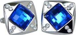 Fratello Silver Plated Square Cufflinks Set With Large Sea Blue / Small Clear Rhinestones CL006