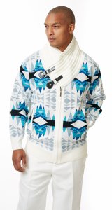 Silversilk Winter White / Teal / Blue Zip-Up Shawl Collar Sweater 2109
