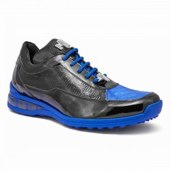 Mauri "King" 8900/2 Royal Blue / Black Genuine Embossed Calfskin / Crocodile Sneakers With Silver Alligator Head And Air Bubble Sole