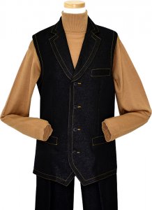 Il Canto Black Iridescent Vested Denim Outfit With Shawl Lapels And Light Brown Hand-Pick Stitching 100% Cotton 9027