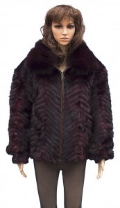 Winter Fur Ladies Burgundy Chevron Mink Jacket With Fox Collar W39S05BDT.