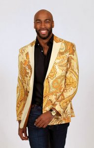 Prestige Yellow Gold / Cognac / Orange With Butterscotch Contrast Lapel 100% Cotton Artistic Paisley Design Blazer Jacket LBP-551
