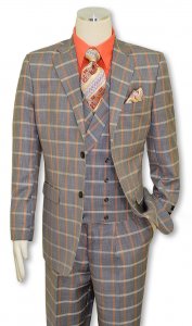 Statement "Assini" Grey Multi / Salmon Windowpane Super 150's Wool Vested Classic Fit Suit