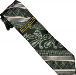 Stacy Adams Collection SA096 Winter Green / Steel Grey / White Diagonal Paisley Striped 100% Woven Silk Necktie/Hanky Set