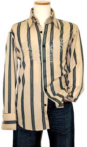 Manzini Taupe with Military Green Stripes and Embroidery Long Sleeves 100% Cotton Shirt MZ-200