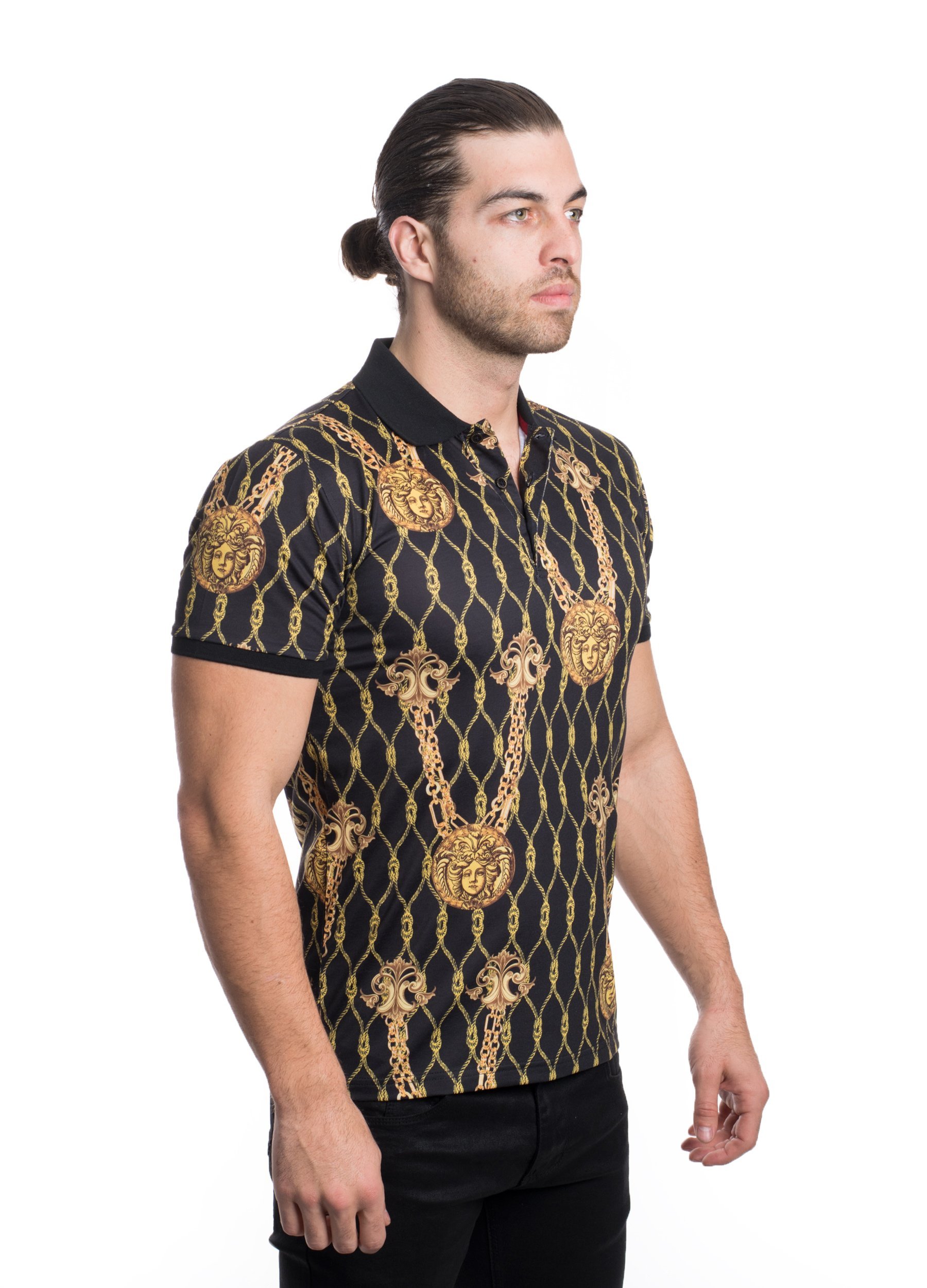 V.I.P. Black / Gold Medusa Design Short Sleeve Polo Shirt VPK20