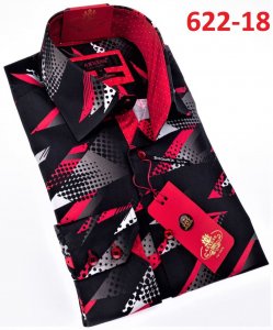 Axxess Black / Red / White Cotton Artistic Design Modern Fit Dress Shirt With Button Cuff 622-18.