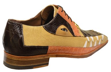 Side of Mauri Dark Brown,Orange and black Crocodile and Ostrich Shoes With Teeth and Eyes