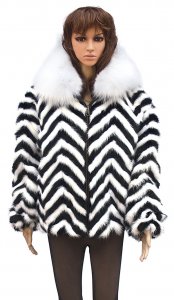 Winter Fur Ladies Chevron Mink Jacket With White Fox Collar, Combination of Black and White W39S05BWW.