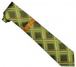 Steven Land Collection SL082 Olive Green / Lime / Orange Diamond Design 100% Woven Silk Necktie / Hanky Set