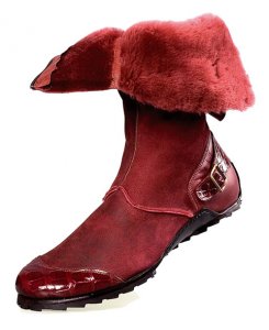 Mauri "Mood" 50032 Ruby Red Genuine Alligator / Shearling High Top boots With Straps And Sheep Fur Lining
