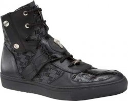 Mauri "8797" Huntington Black Genuine Baby Crocodile / Patent Leather / Embroidered Fabric High-Top Sneakers With Strap