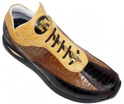 Mauri 8727 Dark Brown / Kango Tabac / Light Caramel Genuine All-Over Ostrich Leg Casual Sneakers With Gold Mauri Alligator Head