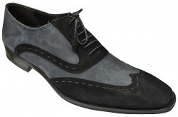 Mezlan 15471 "Keller" Black / Grey Genuine Rich Suede Wingtip Shoes With Handcut Tassles Shoes
