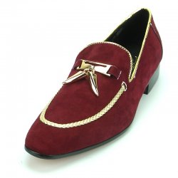 Fiesso Burgundy Suede Leather Loafers With Gold Tassels / Embroidery FI7157.
