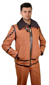 Cigar Caramel / Black Wool Blend Sherpa / PU Leather Modern Fit Jacket Outfit BRX-380