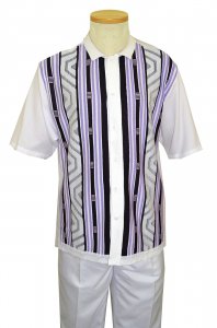 Silversilk White / Lavender / Plum Striped Design Button Up Short Sleeve Knitted Outfit 2396