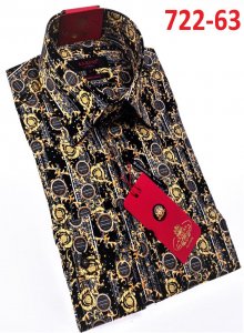 Axxess Black / Gold Medusa Design Cotton Modern Fit Dress Shirt With Button Cuff 722-63.