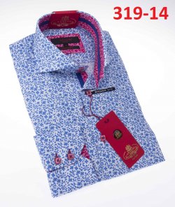 Axxess White / Blue Flowery Design Cotton Modern Fit Dress Shirt With Button Cuff 319-14.