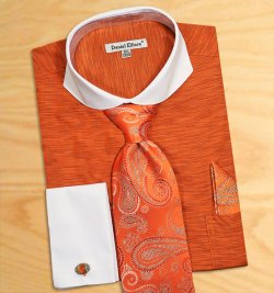 Daniel Ellissa Orange Self Design With Spread Collar Shirt / Tie / Hanky Set With Free Cufflinks DS3759P2