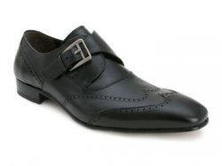 Mezlan "Otis" Black Genuine Antique Italian Calfskin Wingtip Loafer Shoes With Monkstrap 15121