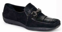 Mauri ''9297'' Black Genuine Body Alligator / Suede Leather Loafer Shoes With Horsebit.