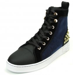 Fiesso Black / Blue Genuine Leather High Top Sneaker Shoes FI2348.