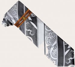 Steven Land Collection SL116 Silver Grey Black Diagonal Paisley Design 100% Woven Silk Necktie / Hanky Set