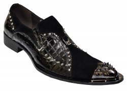 Zota Black Genuine Suede / Alligator Print Patent Leather Loafers With Metal Tip G736-3
