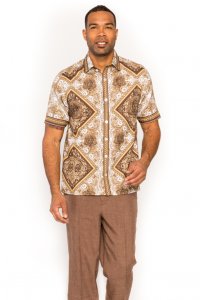 Prestige Brown / Camel / White / Gold Floral / Medusa Print Short Sleeve Outfit PM-617
